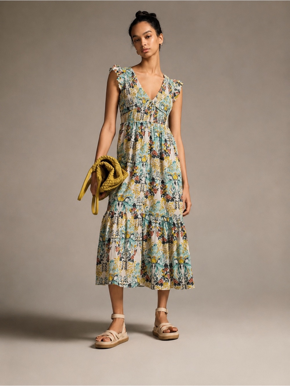 Anthropologie The Peregrine Midi Dress 2X Floral Boho Smocked Cottagecore